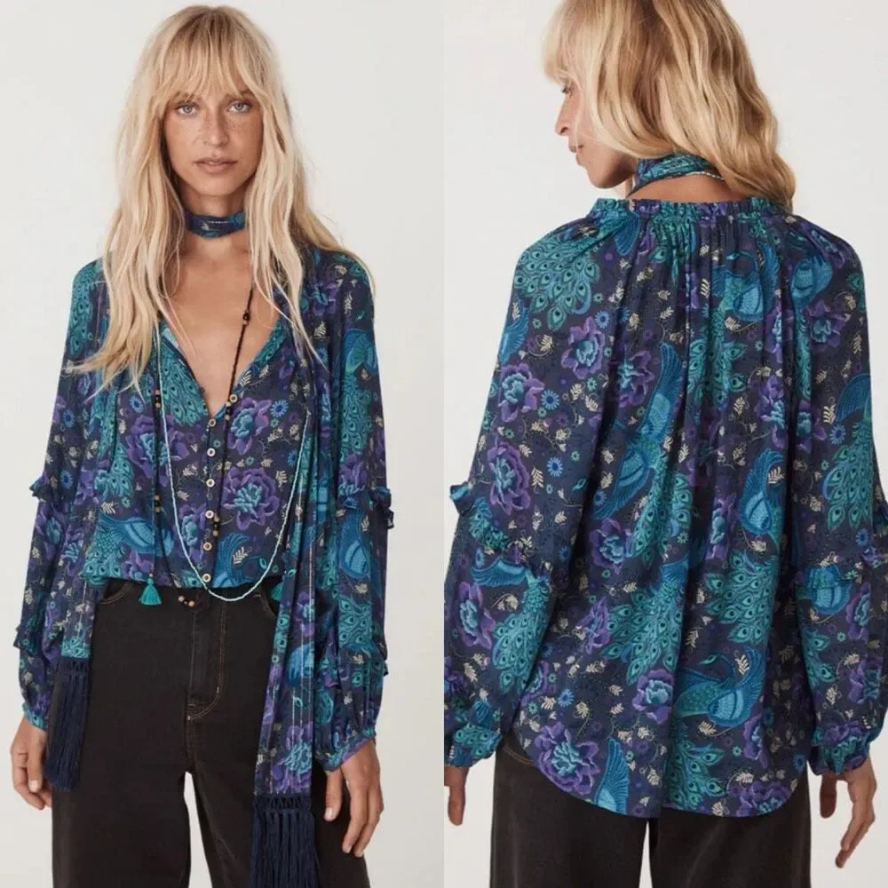 Spell & The Gypsy Boheme Ruffle Blouse | Peacock Floral Print | Large - Picture 2 of 13